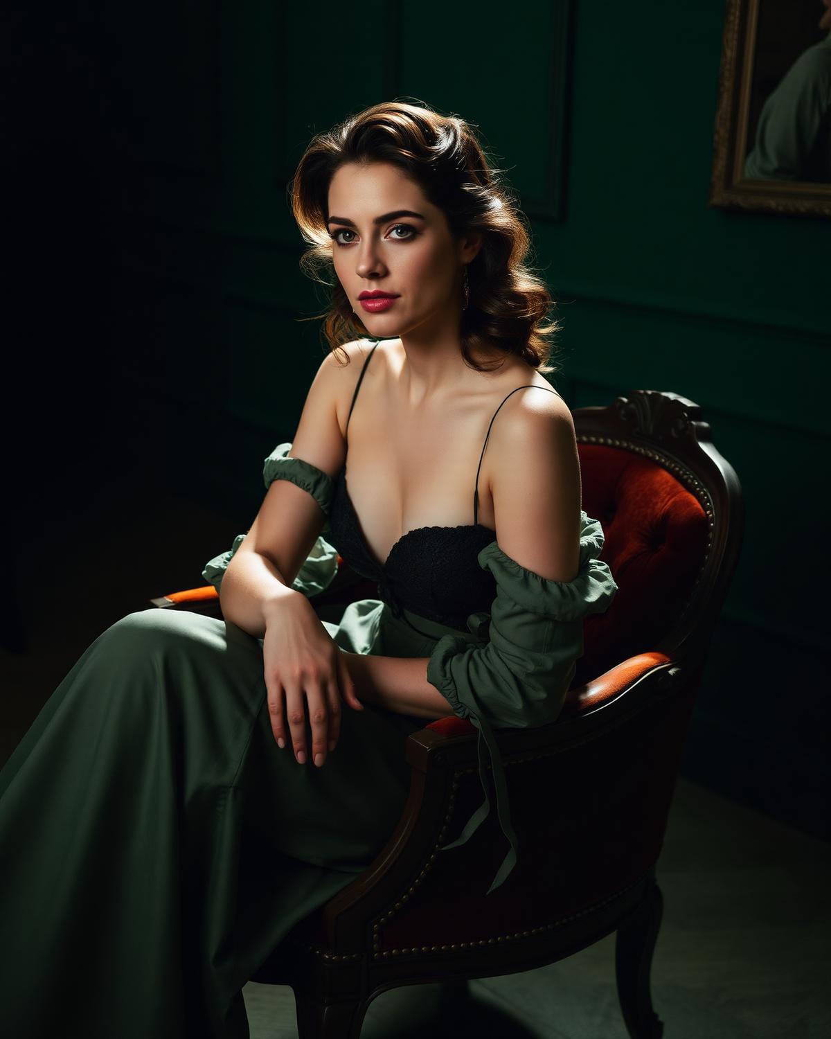 Élodie seated on velvet in a dim green room
